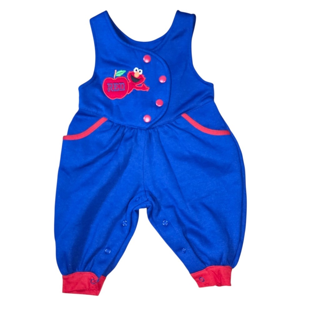 Vintage Sesame Street Baby Boys 12 Mos Blue Embroidered Elmo Short Overalls